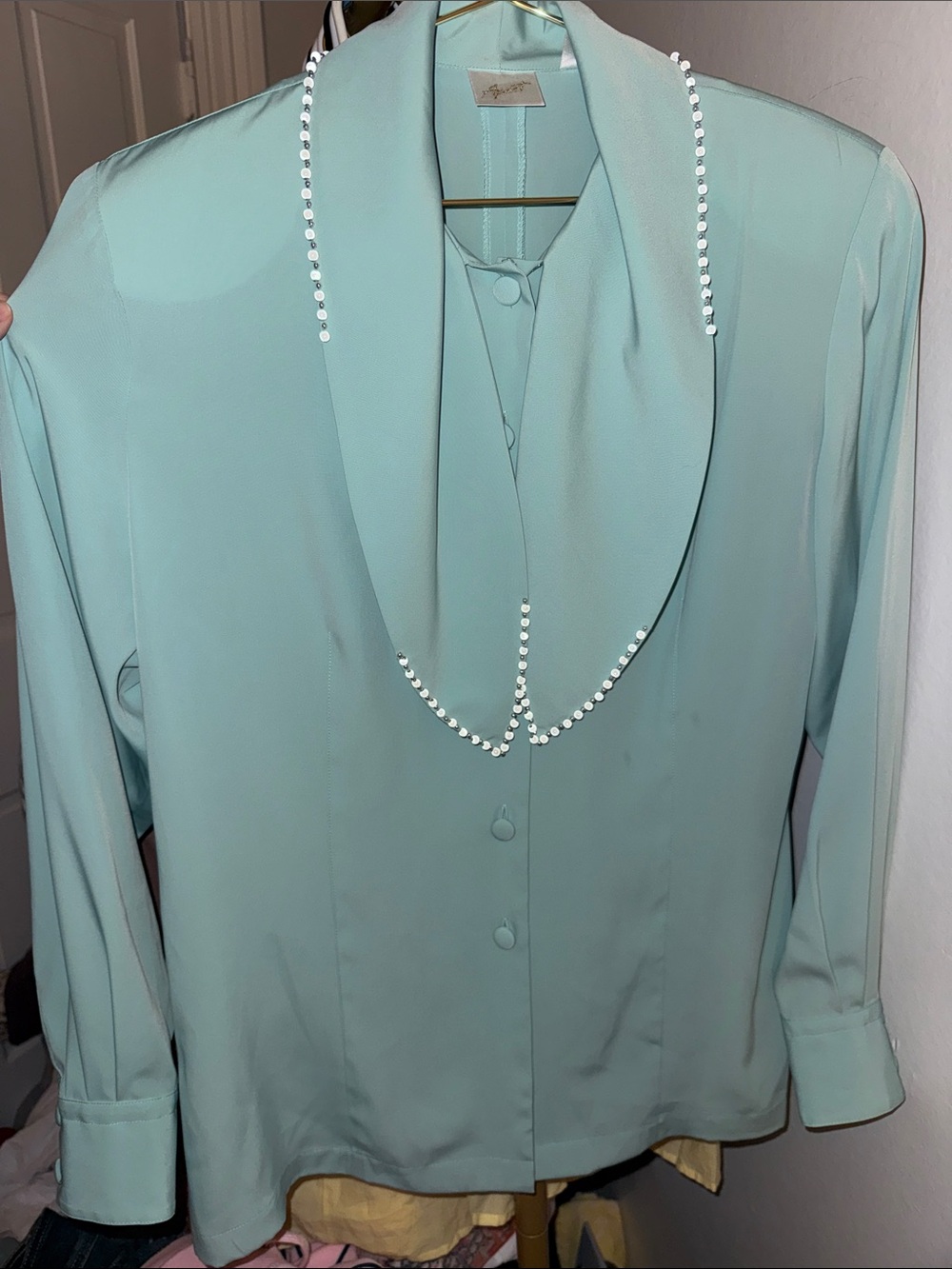 Light Aqua Satin Button-Front Women's Blouse
